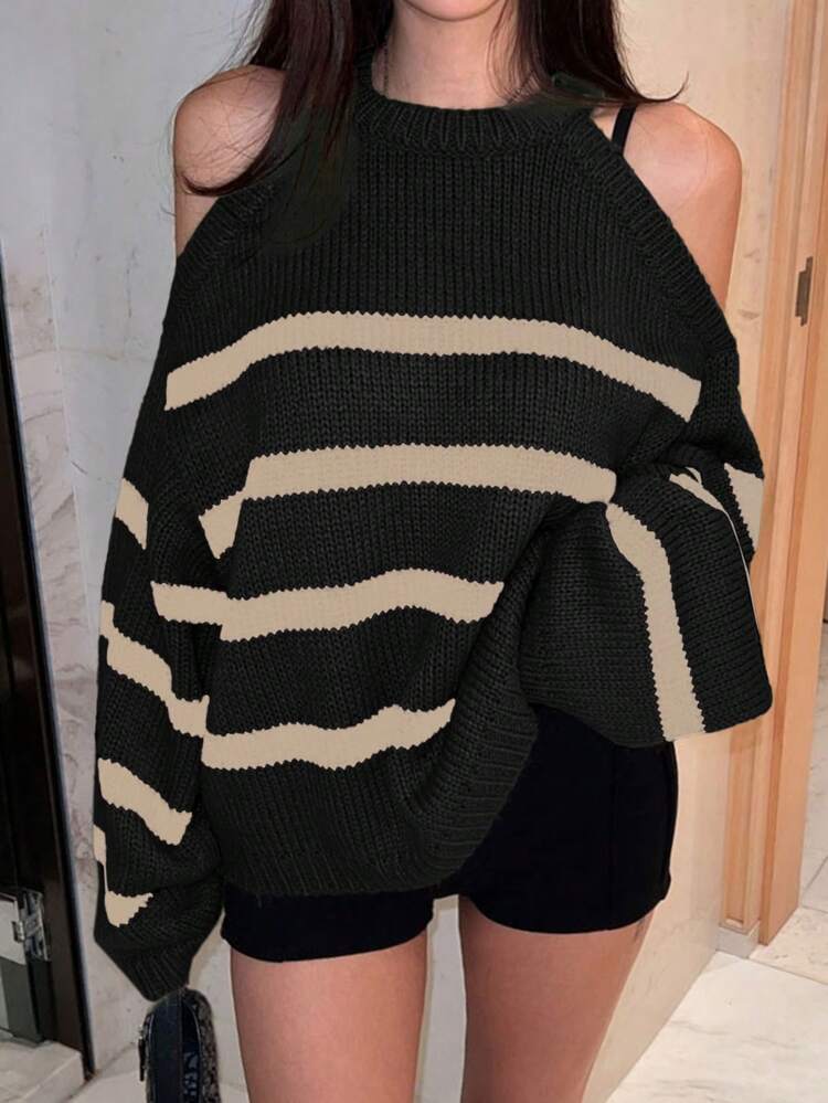 Striped Open Shoulder Loose Pullover Sweater For Women, Autumn/Winter