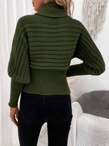 SHEIN Frenchy 女士高領鵝脯袖套頭毛衣 - 軍綠色 - 查看 2