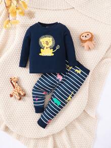 嬰兒男寶貝 緊身 獅子圖案居家服套裝,藍色,2件 - 彩色 - 查看 1