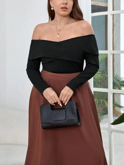 SHEIN Privé Plus Size Elegant Ribbed Stretchy Off Shoulder Long Sleeve Top