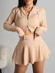 SHEIN EZwear Conjunto De Falda Y Chaqueta Corta De Canalé Para Mujer - Albaricoque - Ver 1