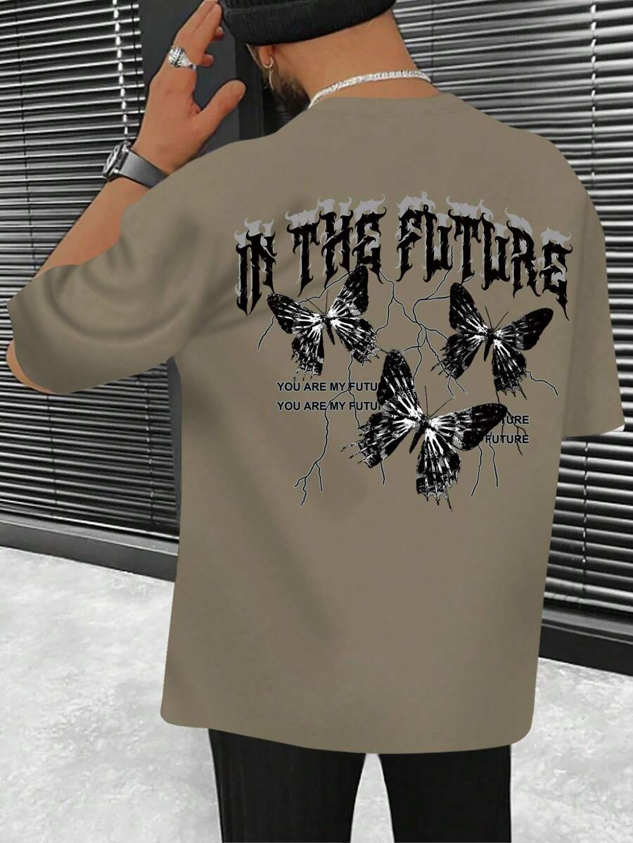 Manfinity EMRG Nam Vòng cổ Ngắn tay Áo thun Với Và In bướm - Lạc đà - Xem 1