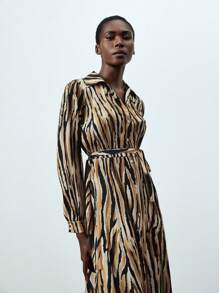 GENKIRA Zebra Print Long Sleeve Women'S Belted Shirt Dress - Multicolor - View 6