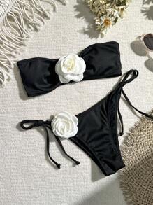 SHEIN Swim Summer Beach Women's 3d Flower Decor Strapless Bikini Set - Black - View 1