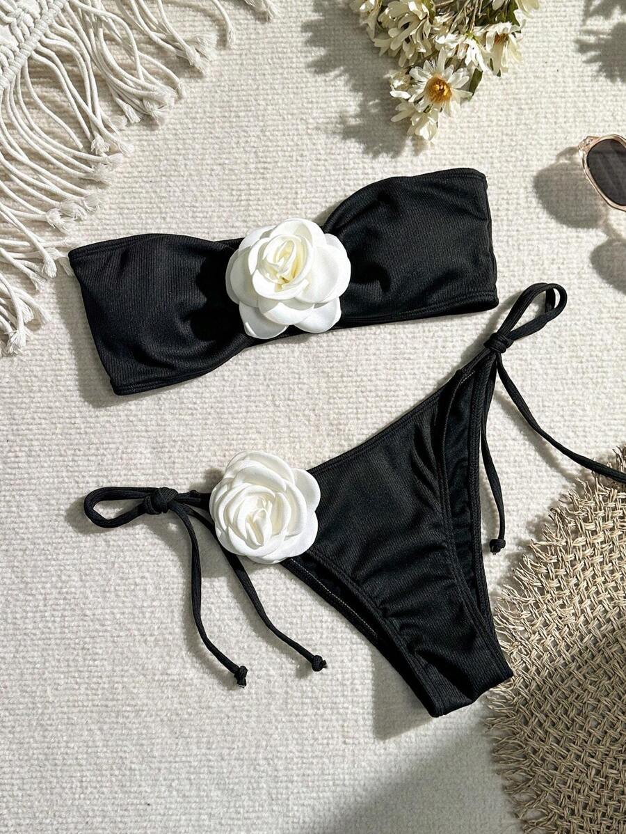 SHEIN Swim Summer Beach Women's 3d Flower Decor Strapless Bikini Set - Black - View 1