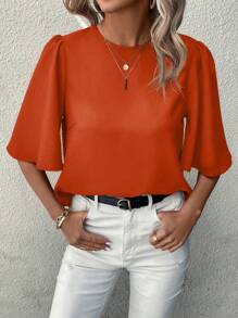 SHEIN LUNE 純色圓領中袖上衣 - 橘色 - 查看 4