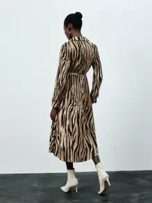 GENKIRA Zebra Print Long Sleeve Women'S Belted Shirt Dress - Multicolor - View 2