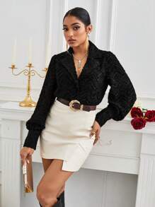 GENKIRA 女款純色燈籠袖襯衫 - 黑色 - 查看 5