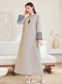 Al Najma 女士几何图案流苏装饰长裙，端庄大方 - 杏色 - 查看 3