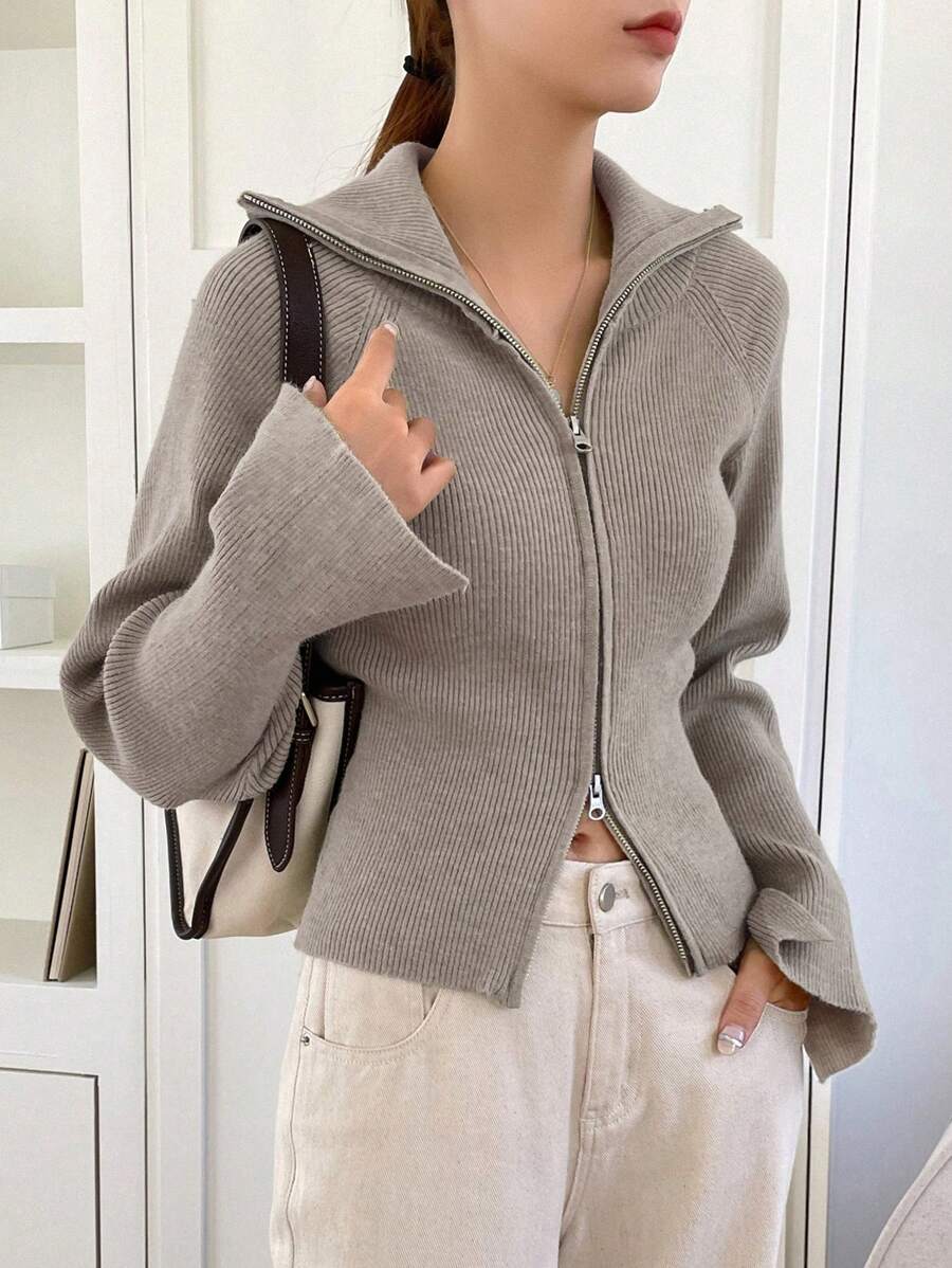 DAZY Cardigan casual/business con chiusura lampo e collo alto, tinta unita, autunno/inverno, maniche lunghe, giacca da donna - Cachi - Visualizzare 1