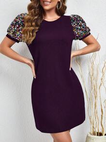 SHEIN Clasi 女士閃爍亮片拼接泡泡袖連衣裙 - 紫色 - 查看 3