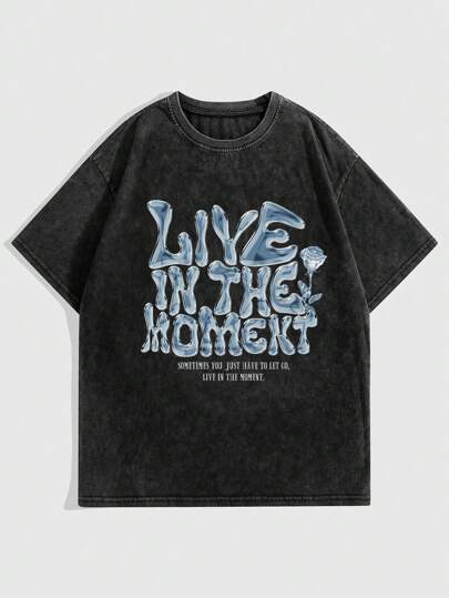 Grunge Punk Women's Slogan Printed Acid-Washed T-Shirt LIVE IN THE MOMENT SOMETIMES YOU JUST HAVE TO LET GO, LIVE IN THE MOMENT, School, Unisex