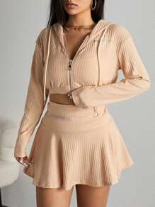 SHEIN EZwear Conjunto De Falda Y Chaqueta Corta De Canalé Para Mujer - Albaricoque - Ver 6