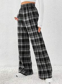 SHEIN LUNE Pantalones holgados de cintura elástica a cuadros para mujer