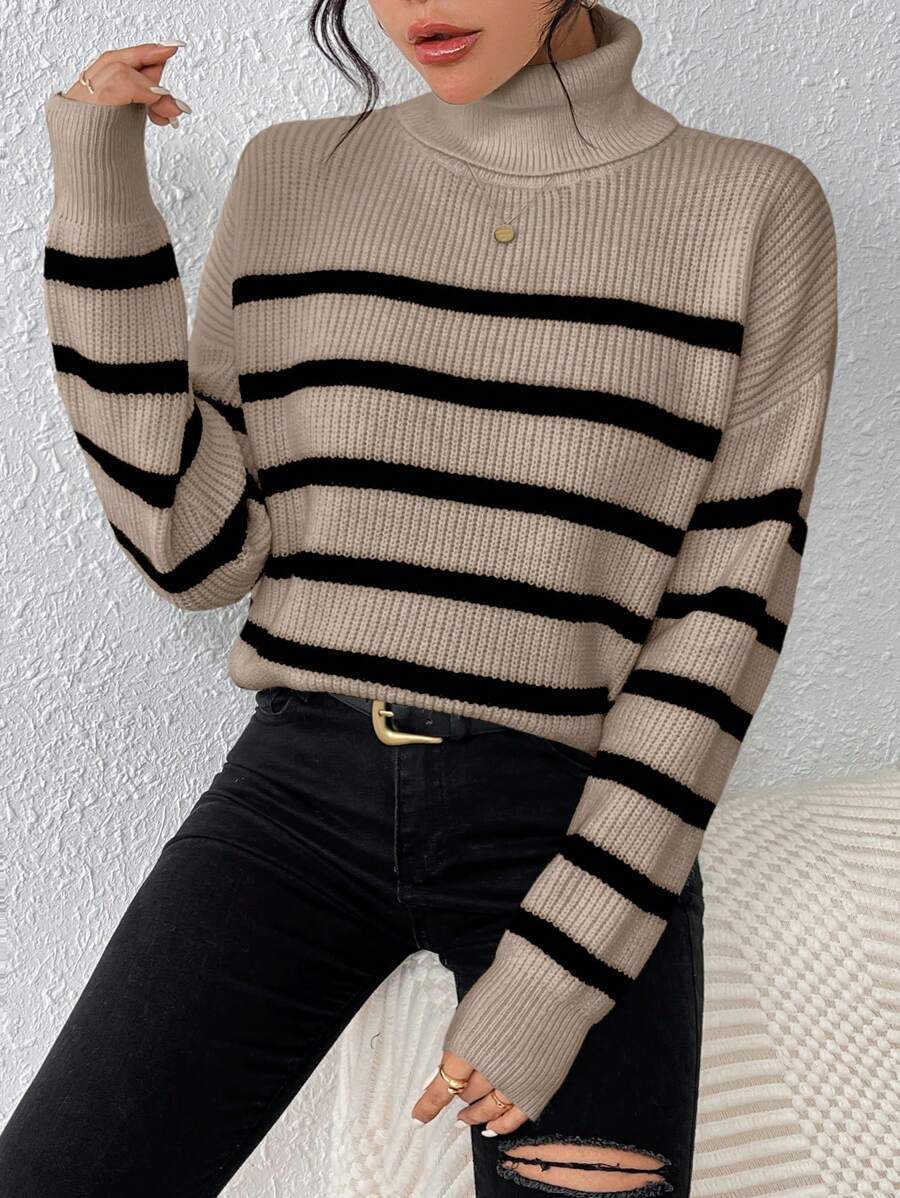 SHEIN Essnce Women'S High Neck Striped Sweater - Mocha Brown - View 1