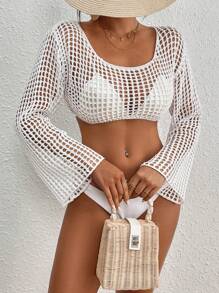 SHEIN Swim 1pc Knitted Cover Up Top With Trumpet Sleeves Summer