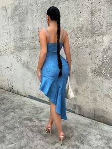 SHEIN SXY Vestido de Festa de Aniversário com Efeito Denim, Roupas de Primavera para Mulheres, Vestido de Baile, Vestido para o Dia dos Namorados, Vestido para Encontro à Noite, Vestido para Despedida de Solteira - Azul - Visão 2