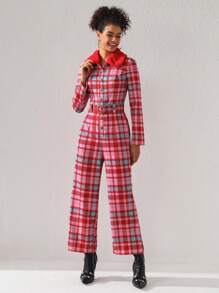 Simone Rogers Plaid Print Belted Wide Leg Jumpsuit - Multicolor - View 1
