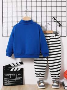 SHEIN 嬰幼兒男童休閒立領長袖衫和條紋彈力腰帶褲子套裝 - 彩色 - 查看 4