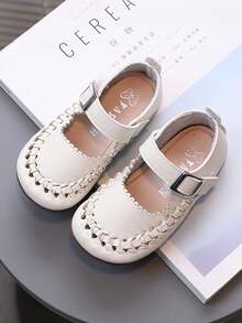 兒童平底鞋女童鞋米色編織公主鞋休閑皮鞋 - 米色 - 查看 1