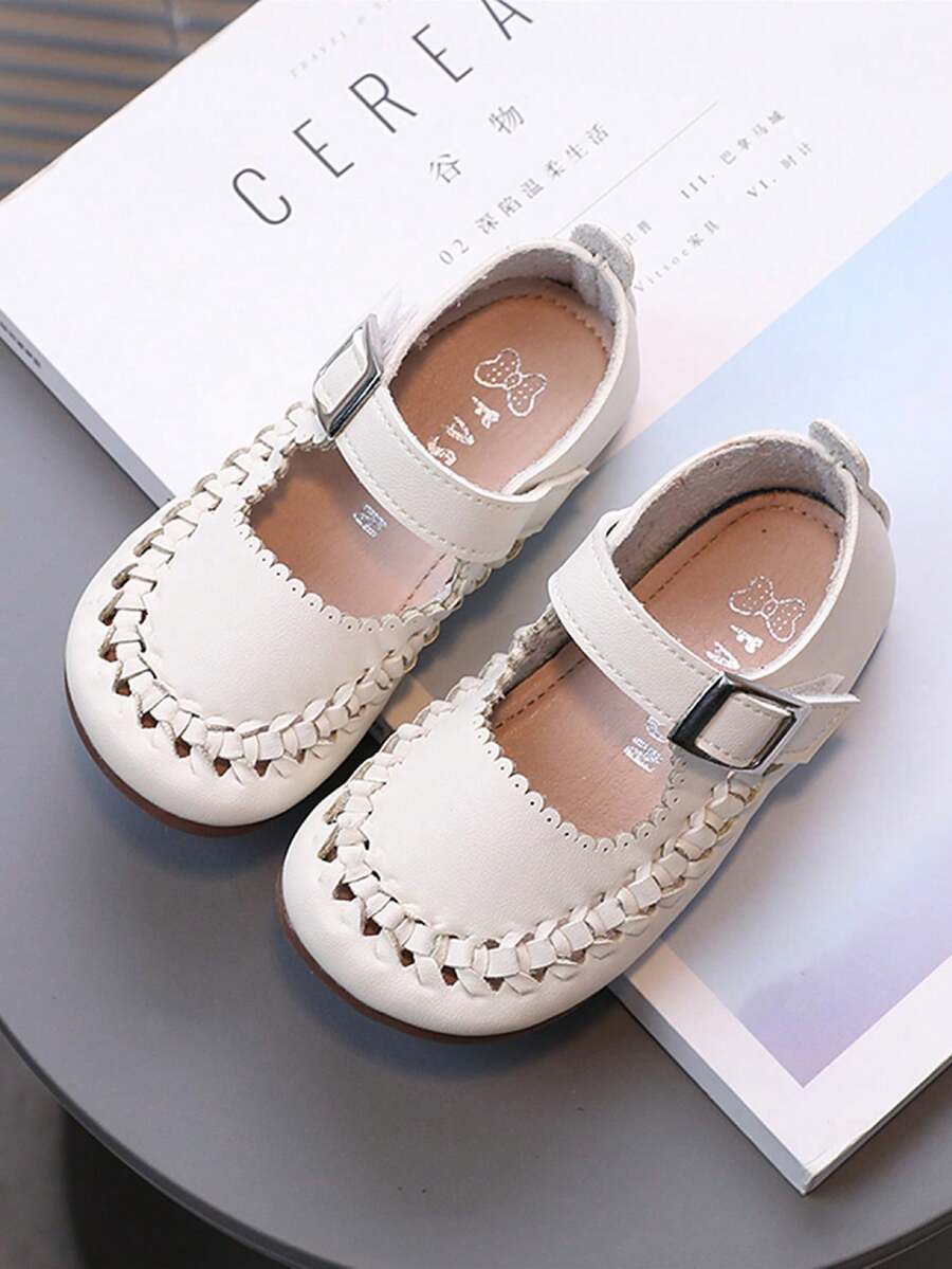 兒童平底鞋女童鞋米色編織公主鞋休閑皮鞋 - 米色 - 查看 1