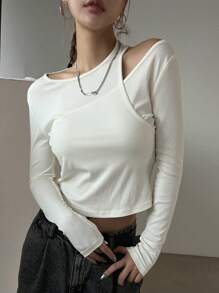 DAZY Women's Solid Color Asymmetric Neck Cropped T-Shirt Long Sleeve Women Tops