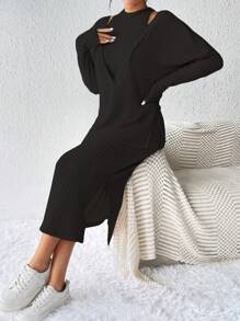 Chiquease Hollow Out Detail 2 In 1 Set With Crop Top And Skirt Fall Cloth For Women - Black - View 4