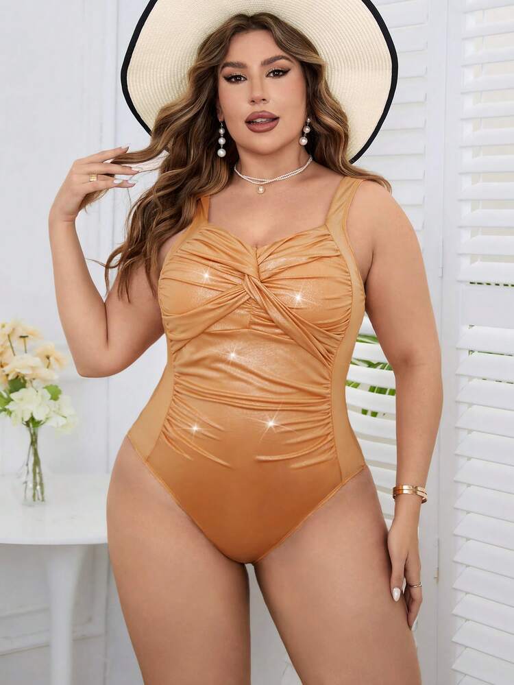 Plus Size One-Piece Swimsuit With Twist Knot And Ruched Design, Summer Beach Bathing Suit