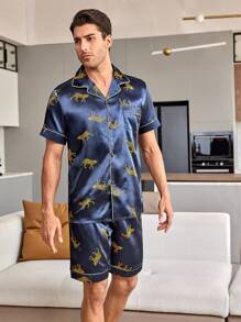 CoupledUp Animal Print Satin Men Loungewear Set - Navy Blue - View 4