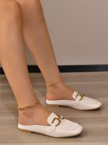 女士平底鞋，金属链条装饰，休闲凉鞋，穆勒鞋 - 米色 - 查看 3
