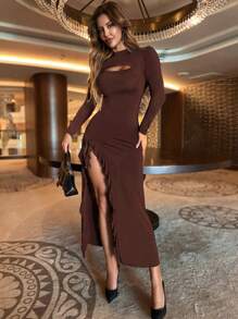 RueChic Women's Hollow Out High Slit Dress - Brown - View 4
