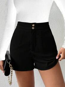 SHEIN Luminelle Pantalones Cortos De Color Sólido Para Mujer - Negro - Ver 3