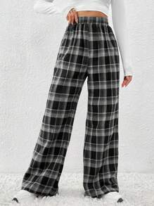 SHEIN LUNE Pantalones holgados de cintura elástica a cuadros para mujer