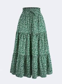 Ditsy Floral Layered Ruffle Elastic Waist Vacation Skirt