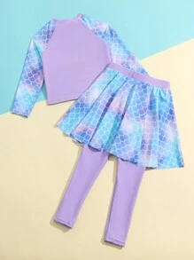 Young Girl Fish Scale Pattern Printed Long Sleeve Bikini Set - Pink - View 2