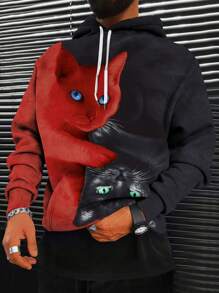 Manfinity LEGND 男士拼色連帽衫,貓咪印花和束繩設計 - 紅色 - 查看 1