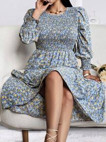 SHEIN LUNE 大尺寸花卉印花燈籠袖拼接抽褶連身裙 - 彩色 - 查看 1