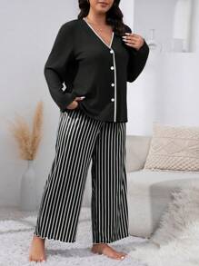 條紋大尺碼女休閒睡衣套裝 - 黑色 - 查看 6