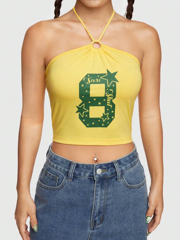 Number 8 & Pentagram Pattern Print Halter Top With Rope Tie Y2K For Women