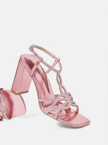 Sandalias De Tacón Alto Cuadrado Con Punta Pre-cubierta De Pedrería Y Cómodas Para Mujeres - Rosa - Ver 8