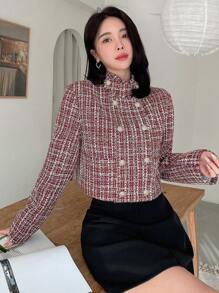 Dazy Designer 女士雙排扣格紋外套 - 紅色 - 查看 6