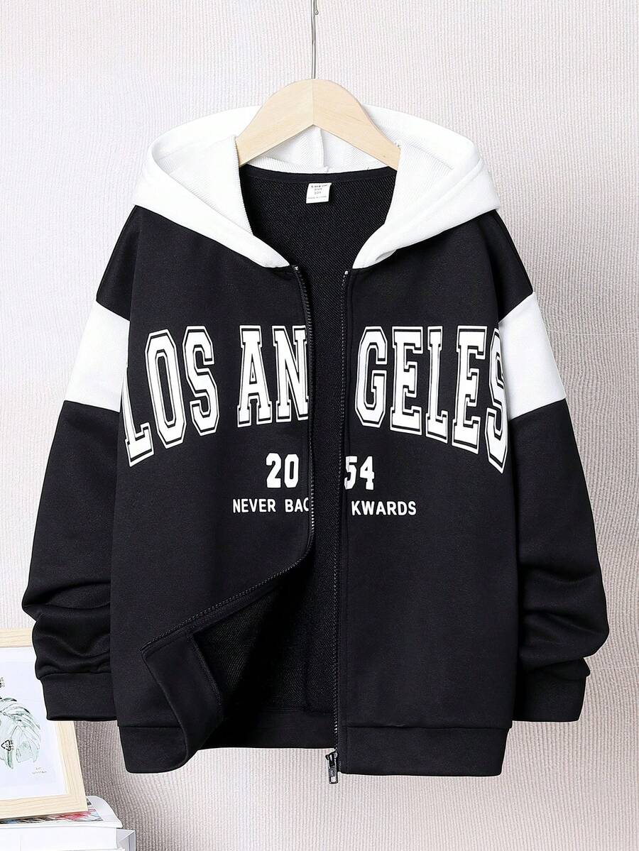SHEIN 青少年男孩字母图案双色拉链卫衣 - 黑色 - 查看 1