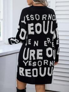 Calvaya 大尺碼女式全字母圖案短版針織毛衣連身裙 - 黑色 - 查看 2