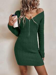 SHEIN LUNE 休閒女士實色半拉鍊針織毛衣裙 - 墨綠色 - 查看 6