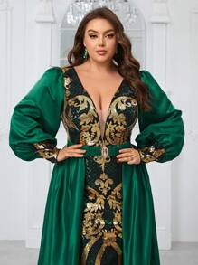 YISIKADO 大码波西米亚风花卉亮片性感深 V 领腰带可拆卸下摆晚礼服派对晚宴舞会礼服女式长裙 - 彩色 - 查看 9