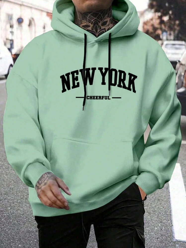Manfinity Homme Men's Letter Print Hooded Sweatshirt With Drawstring, For Fall, Long Sleeve Top - Mint Green - View 1