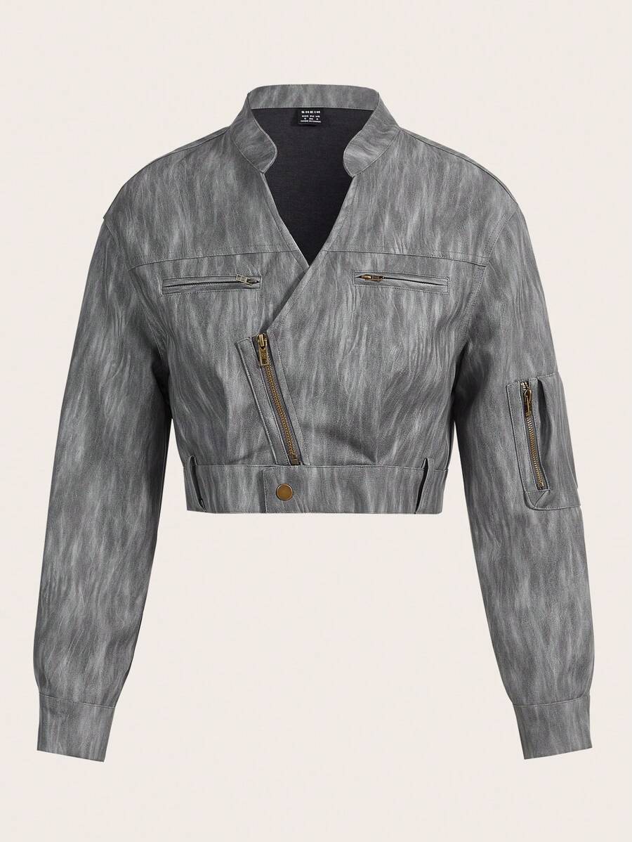 SHEIN EZwear 女式灰色短夾克,立領款式 - 灰色 - 查看 1