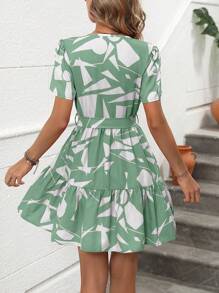 SHEIN LUNE Women's Geometric Pattern Belted Dress - Mint Green - View 2
