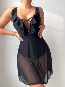 SHEIN Swim 夏季黑色网眼连体泳衣 - 黑色 - 查看 4