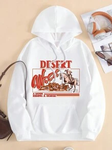 SHEIN EZwear Đúng mốt Lỏng lẻo phù hợp Lông cừu Hoodie Với dây rút , Túi Và Mẫu chữ In Đối với Giải trí Mặc In Mùa Thu Và Mùa Đông - trắng - Xem 1